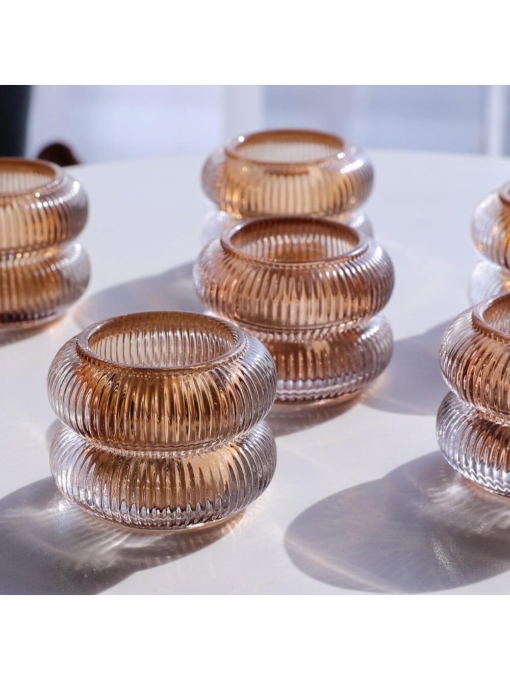 12pcs Amber Ribbed Votive Candle Holders | Elegant Glass Tealight Set